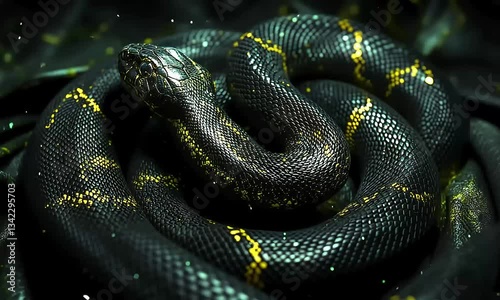 Blackandyellow snake coiled, dark scales, reptile, wildlife, nature, closeup, nocturnal, animal, pho photo