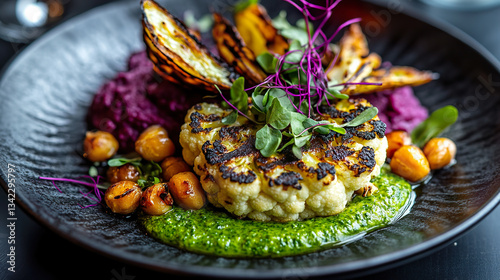Charred Cauliflower Steak with Green Pesto and Roasted Chickpeas on Black Plate