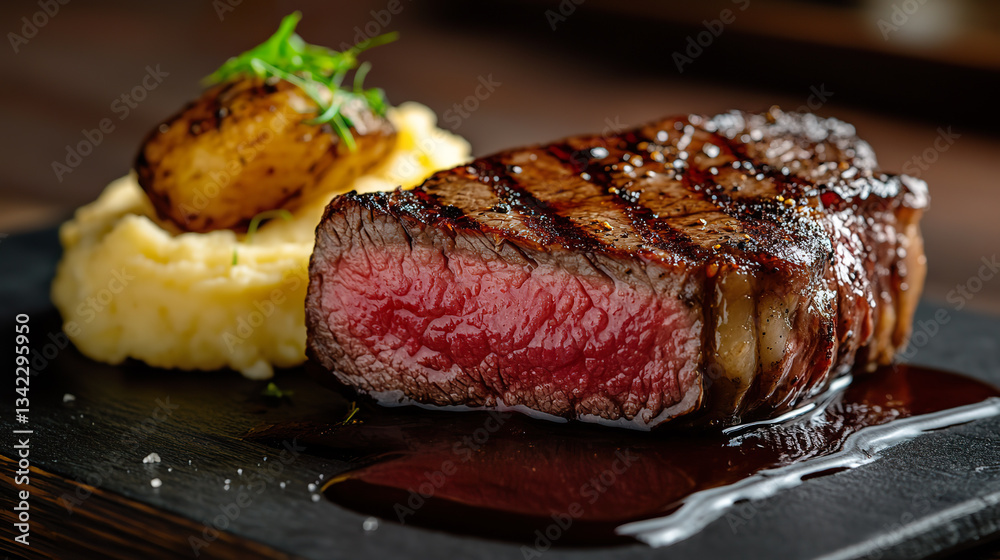 Juicy Grilled Steak with Red Center on Black Slate Plate