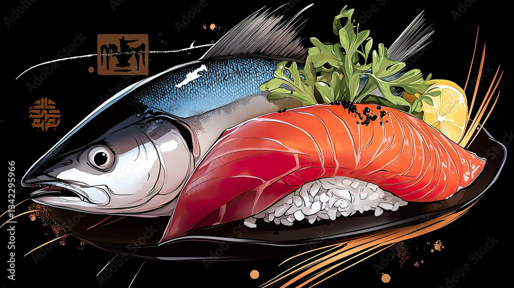 Vibrant Sushi Illustration with Fresh Salmon and Whole Fish on Black Background