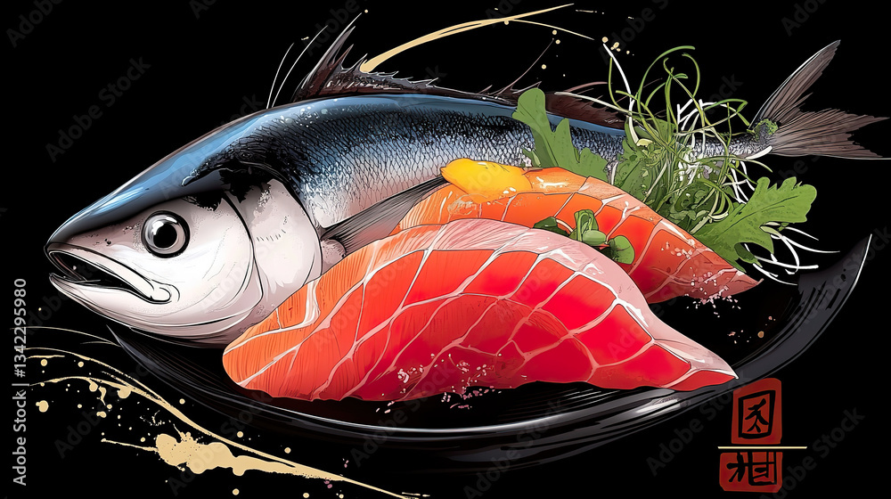 Illustrated Sushi Composition with Fresh Salmon and Whole Fish on Black Background