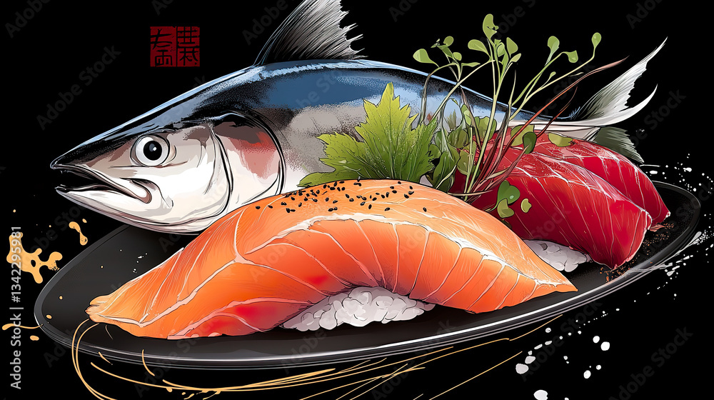 Vibrant Sushi Illustration with Fresh Salmon and Tuna on Black Plate