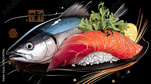 Obraz na płótnie Vibrant Sushi Illustration with Fresh Salmon and Whole Fish on Black Background w salonie