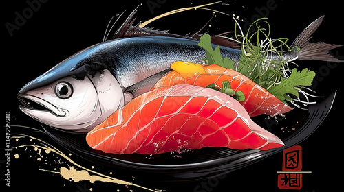 Obraz na płótnie Illustrated Sushi Composition with Fresh Salmon and Whole Fish on Black Background w salonie
