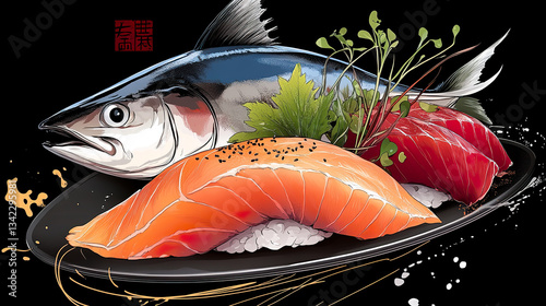 Vibrant Sushi Illustration with Fresh Salmon and Tuna on Black Plate