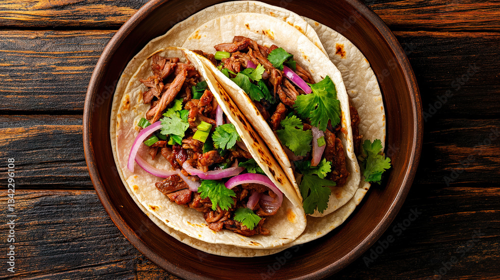 Grilled Beef Tacos with Fresh Cilantro and Pickled Onions on Wooden Plate