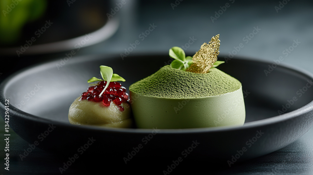 Matcha Mousse Dessert with Red Berry Garnish on Elegant Black Plate