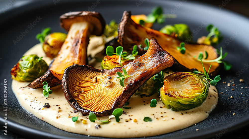 Caramelized Wild Mushrooms with Roasted Brussels Sprouts on Creamy Sauce