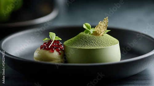 Obraz na płótnie Matcha Mousse Dessert with Red Berry Garnish on Elegant Black Plate w salonie