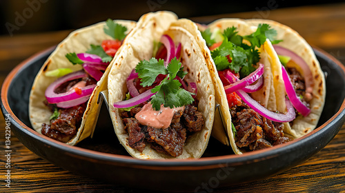 Grilled Beef Tacos with Fresh Cilantro and Pickled Onions in Black Bowl