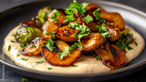 Caramelized Mushrooms and Brussels Sprouts on Creamy Sauce with Fresh Herbs