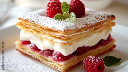 Golden Crispy Raspberry Mille-Feuille with Whipped Cream and Powdered Sugar