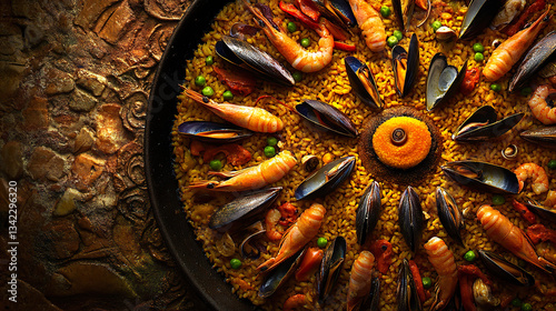 Golden Saffron Seafood Paella with Shrimp, Mussels, and Fresh Vegetables in Black Pan