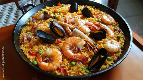 Golden Saffron Seafood Paella with Shrimp, Mussels, and Fresh Vegetables in Black Pan