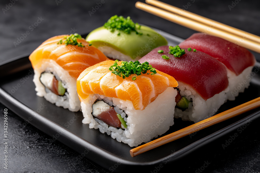 sushi, close-up of various sushi with chopsticks on a black plate, sushi, close-up of various sushi with chopsticks on a black plate,