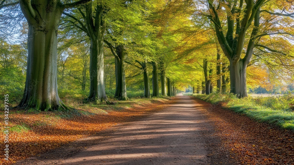Fototapeta premium Autumnal tree-lined path, sunlight dappled, peaceful