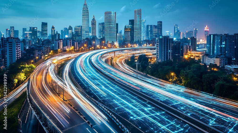 Fototapeta premium A vibrant cityscape at night, showcasing illuminated highways and skyscrapers.