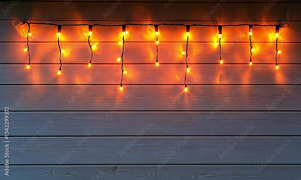 Warm orange string lights draped on a wooden wall