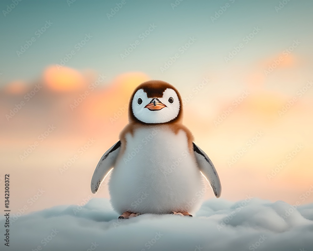 Fototapeta premium Adorable baby penguin in snowy landscape at sunset