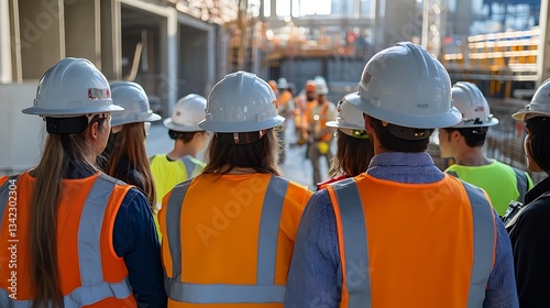 Construction Site Visit: Young Professionals in Hard Hats and Safety Vests