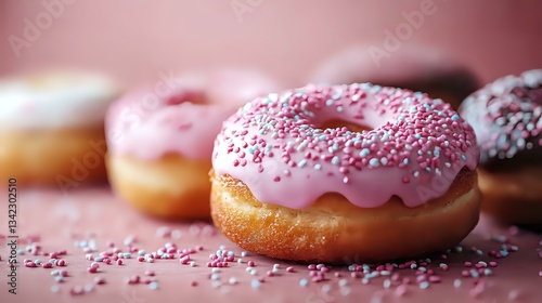 Wallpaper Mural Fresh donuts with pink glaze and sprinkles on blurred background, selective focus. Sweet pastry closeup with soft bokeh effect creates appetizing dessert composition. Torontodigital.ca