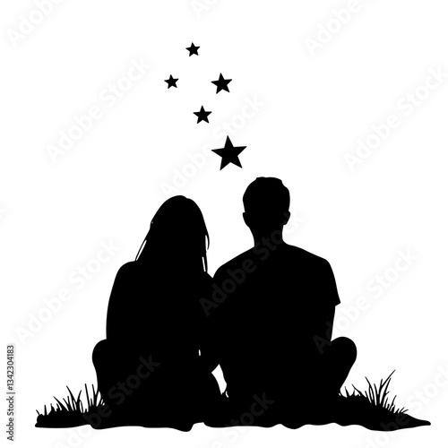 Silhouetted couple gazing at stars on transparent background