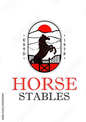 Logo Stables Horse Barn Cowshed Field Sun landscape Mountain Oval Design Branding Stud Farm