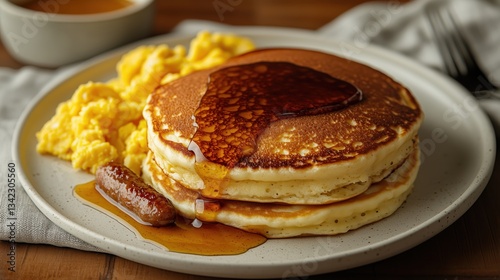 Golden pancakes layered with syrup shine under soft lighting, complemented by creamy scrambled eggs and a savory sausage patty for a hearty breakfast scene. photo