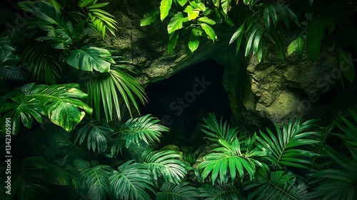 Fototapeta Naklejka Na Ścianę i Meble -  Lush emerald jungle foliage envelops a mysterious dark cave opening, hinting at secrets within, bathed in dappled sunlight.