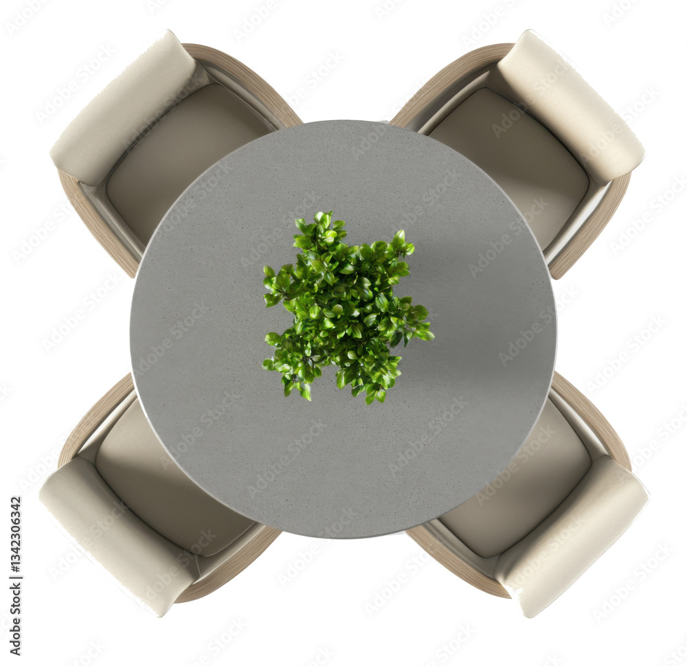 Top view of round dark wooden dining table with chairs