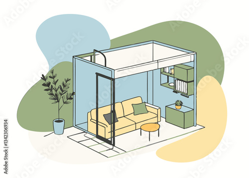 Modern Minimalist Living Space Design. Open Plan Home Office
