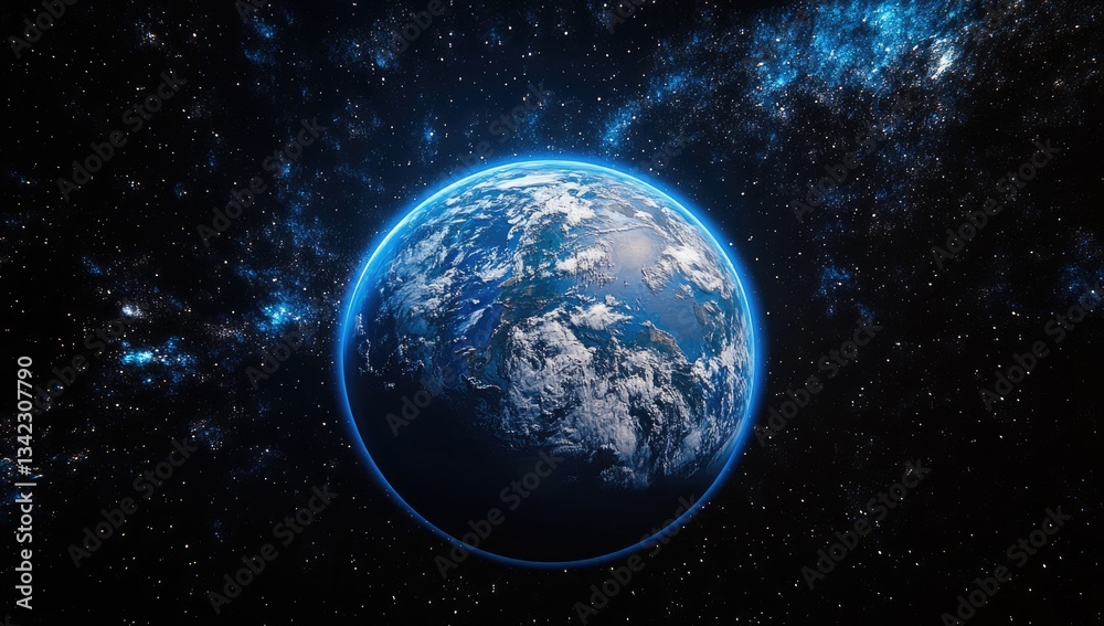 Obraz premium Pixelated earth, space background, blue and dark, starry night sky, digital art style
