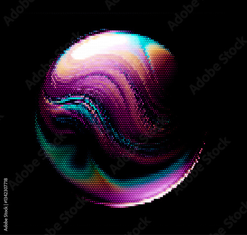 Vector illustration of a vibrant, multicolored abstract sphere with a pixel pattern on a black background, featuring shades like purple, pink, and blue with highlights adding depth for a 3D effect. 