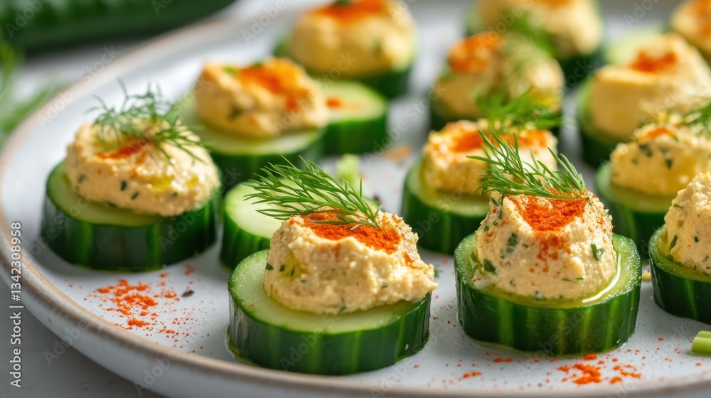 Delicious cucumber hummus appetizers garnished with dill served on a plate Delicious cucumber hummus appetizers garnished with dill served on a plate