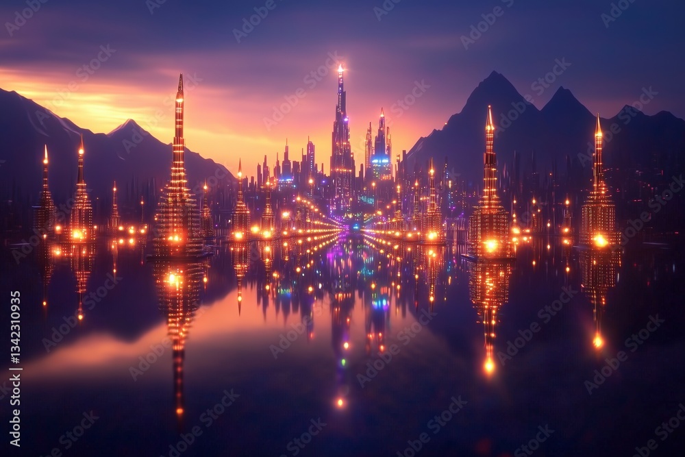 Fototapeta premium Futuristic city skyline with reflections at sunset.