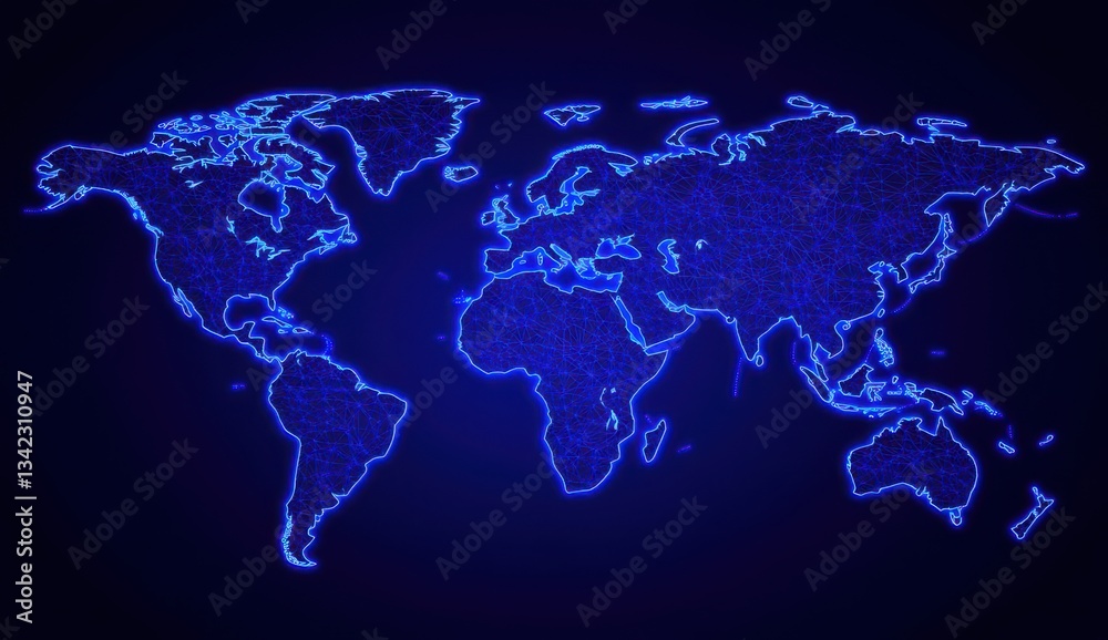 Fototapeta premium Digital transformation concept. World map outlined in glowing blue on a dark background.