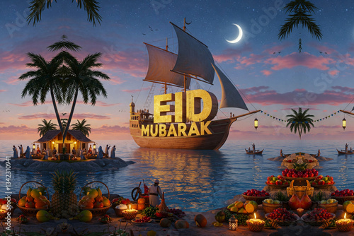 Enchanting Eid Mubarak Image: Sailboat, Moon, and Festive Scene in a Coastal Village at Dusk