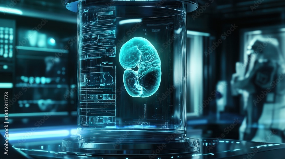 Obraz premium A high tech biotech laboratory glows with neon lights as a holographic embryo floats inside a sleek glass container, symbolizing advanced genetic research.