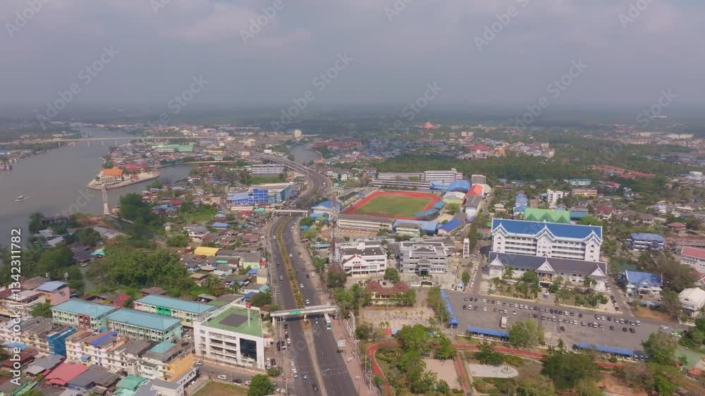 Drone shot of Samut Songkhram stadium with surrounding area, Thailand. Aerial drone video Drone shot of Samut Songkhram stadium with surrounding area, Thailand. Aerial drone video
