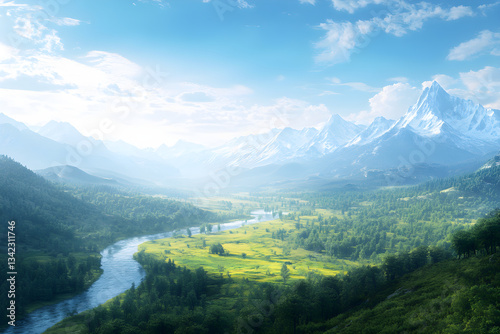 Expansive Natural Beauty: A Panoramic View of Rolling Hills, Verdant Meadows, and Majestic Mountains Under a Clear Blue Sky
