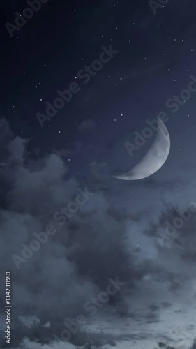 Vertical shot of dark blue starry night sky with fantastic big half moon among fluffy clouds. Romantic nighttime natural background with copy space 3D animation.
