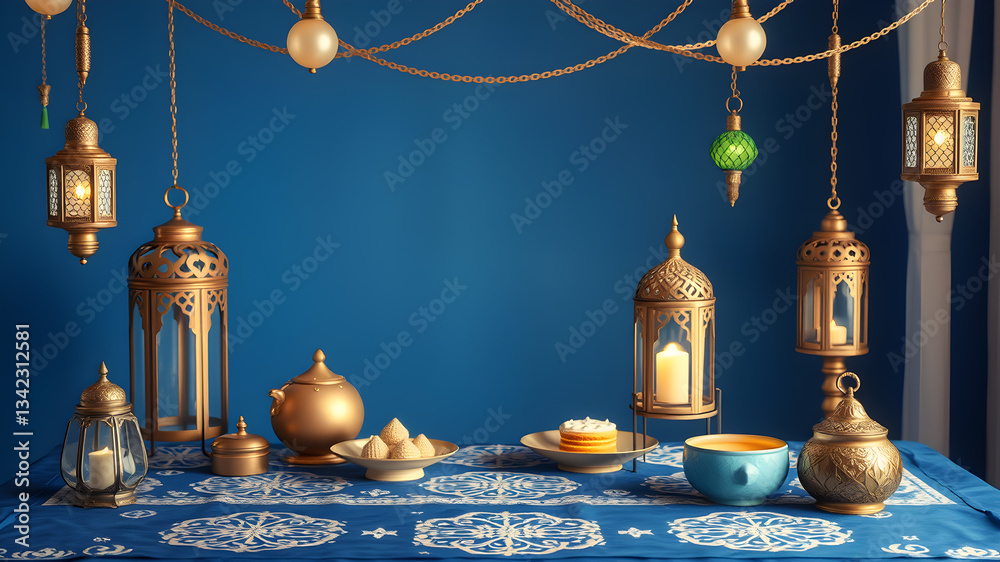 Obraz premium Ramadan kids style background empty table for product display blue color Generative AI