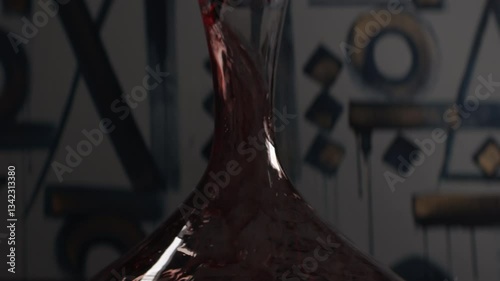 Red wine in the glass Decanter, close-up, selective focus. Slow motion 