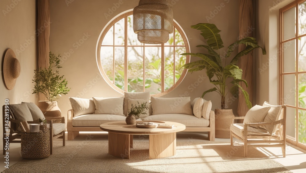 Fototapeta premium Sunlit living room, round window, plants, zen design, interior design, home decor, tranquil, relaxation