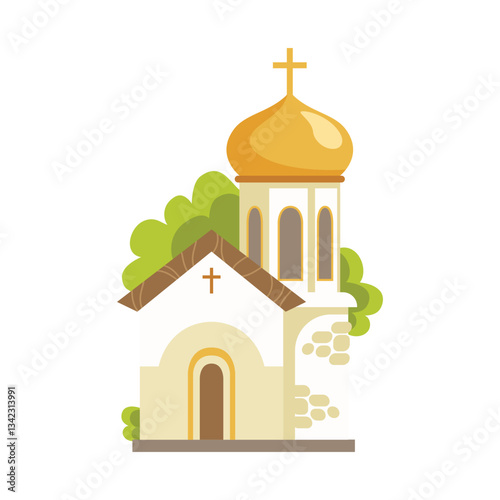 Orthodox Church Flat Vector Illustration with Greenery and Stone Details