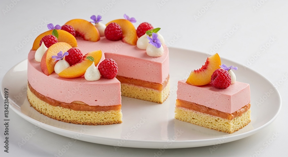 Peach Melba Cake with fruit toppings for summer dessert menus, bakery websites, fruit-themed recipe blogs, catering portfolios, and seasonal restaurant promotions Peach Melba Cake with fruit toppings for summer dessert menus, bakery websites, fruit-themed recipe blogs, catering portfolios, and seasonal restaurant promotions