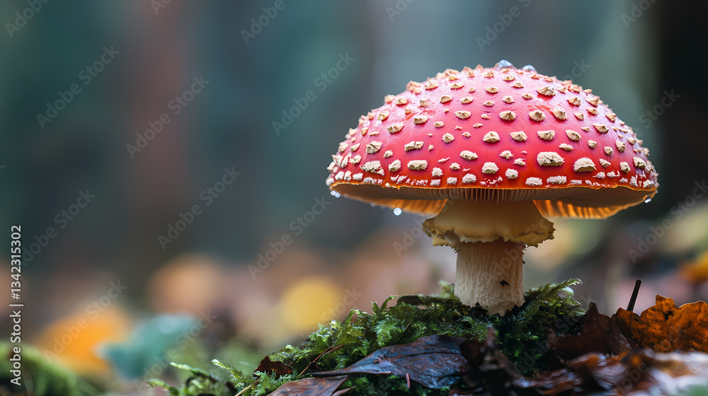 Fototapeta premium A close-up photograph of a single red muscimol mushroom with droplets of water on its cap against a blurred forest background. Spore Forest. Illustration