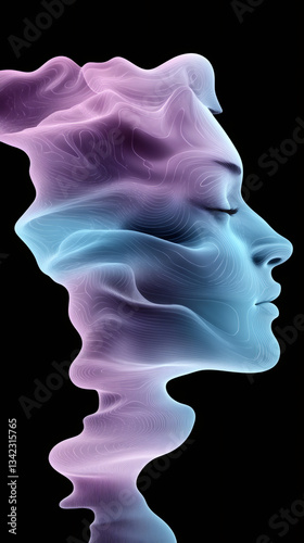 Topographic contours spiraling, revealing feminine profile symbolizing AI, data visualization, algorithmic generation