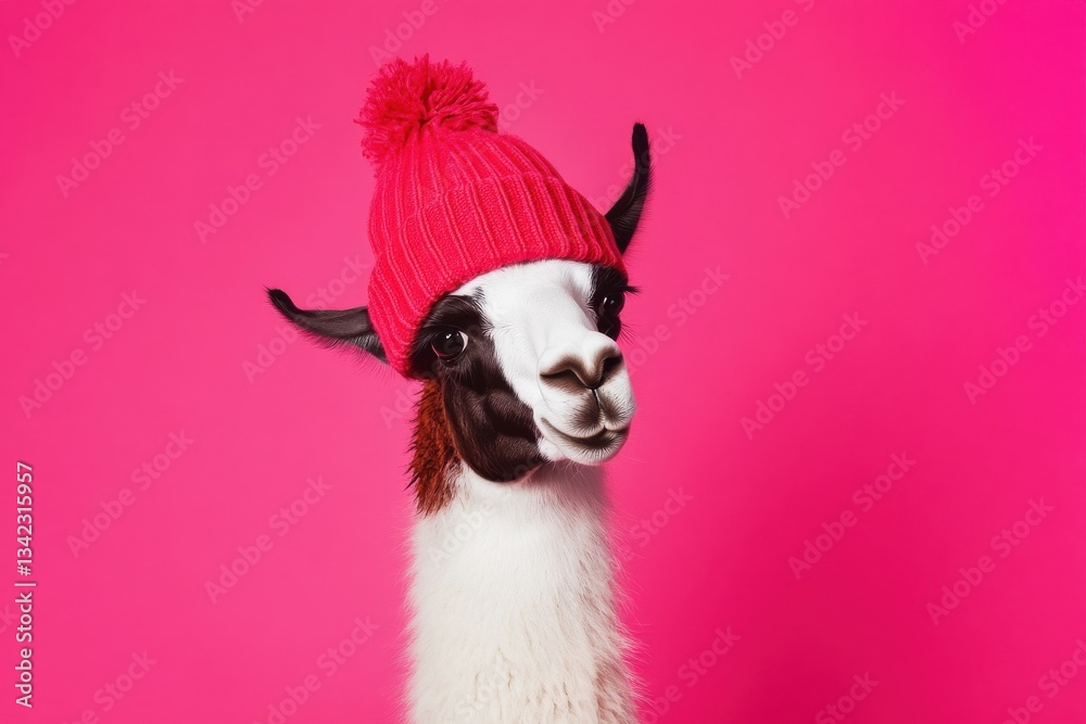 Fototapeta premium Llama fixes beanie against a pink backdrop