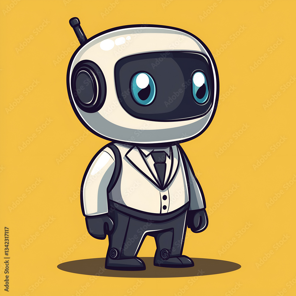 Fototapeta premium Funny Cartoon Robot Character Animation in Business Attire: A Playful and Eye-Catching Vector Digital Illustration for Tech-Savvy Art Lovers